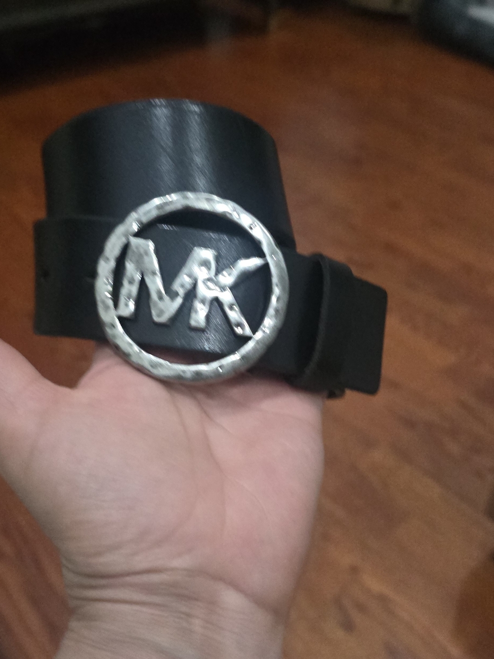 Michael Kors Black Leather Belt with Silver MK Buckle